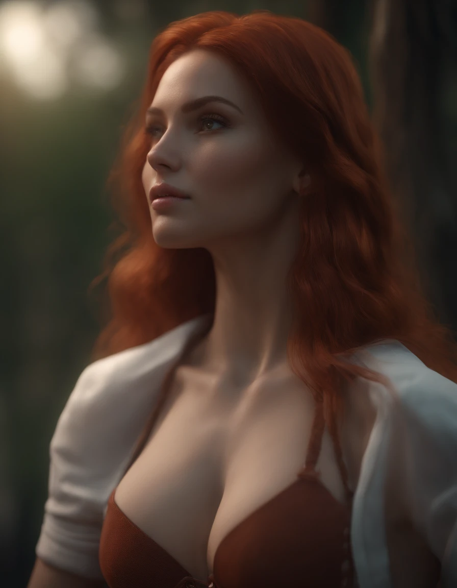 slender girl on her back looking over her shoulders, long red hair, fair skin, full body, thin thighs, small breasts, slender buttocks, detailed and defined eyes with eyeliner, bikini, thic, 3d render character art, 8k, 3d character art, realistic character concept, unreal 3d engine, detailed