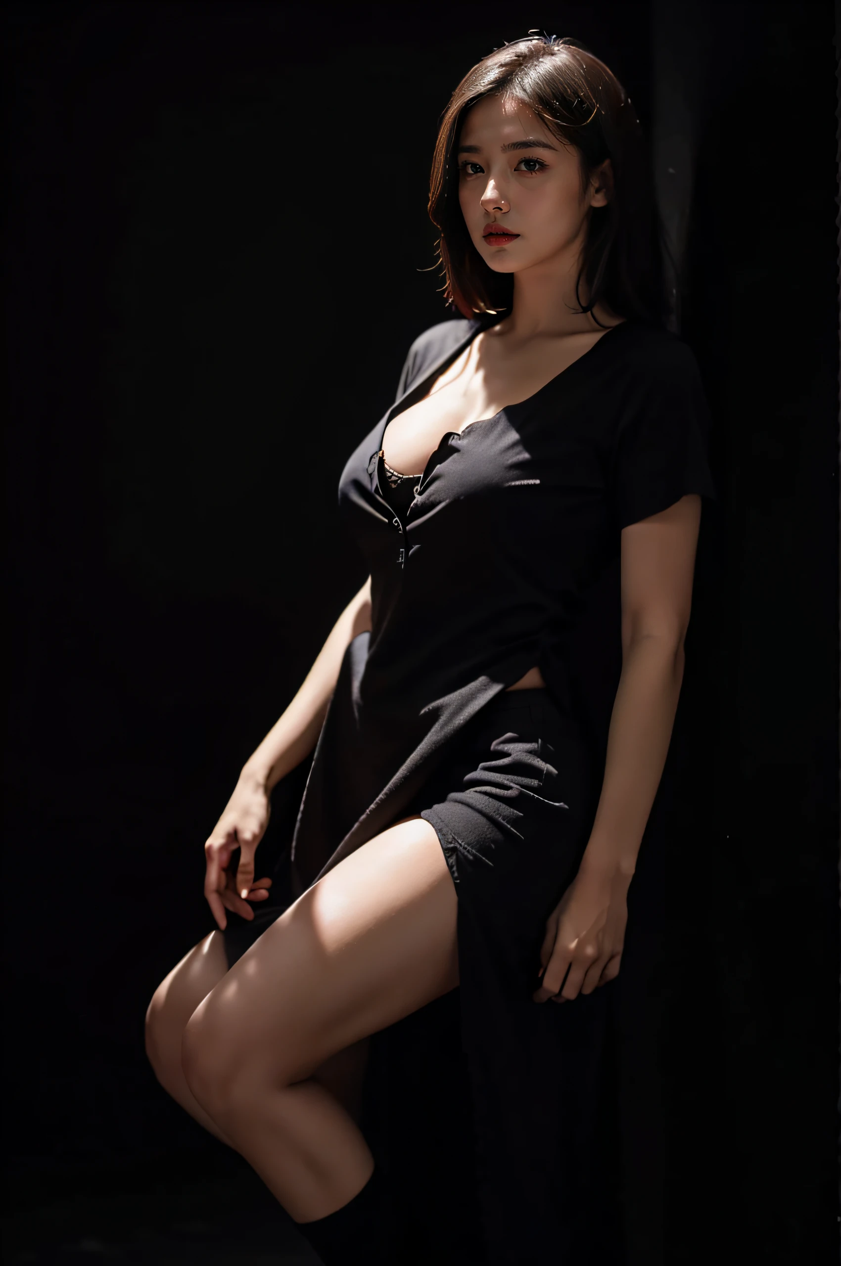 1girl,standing,short shirt,strong light,deep cleavage,wearing military clothing, dark black background, well lit