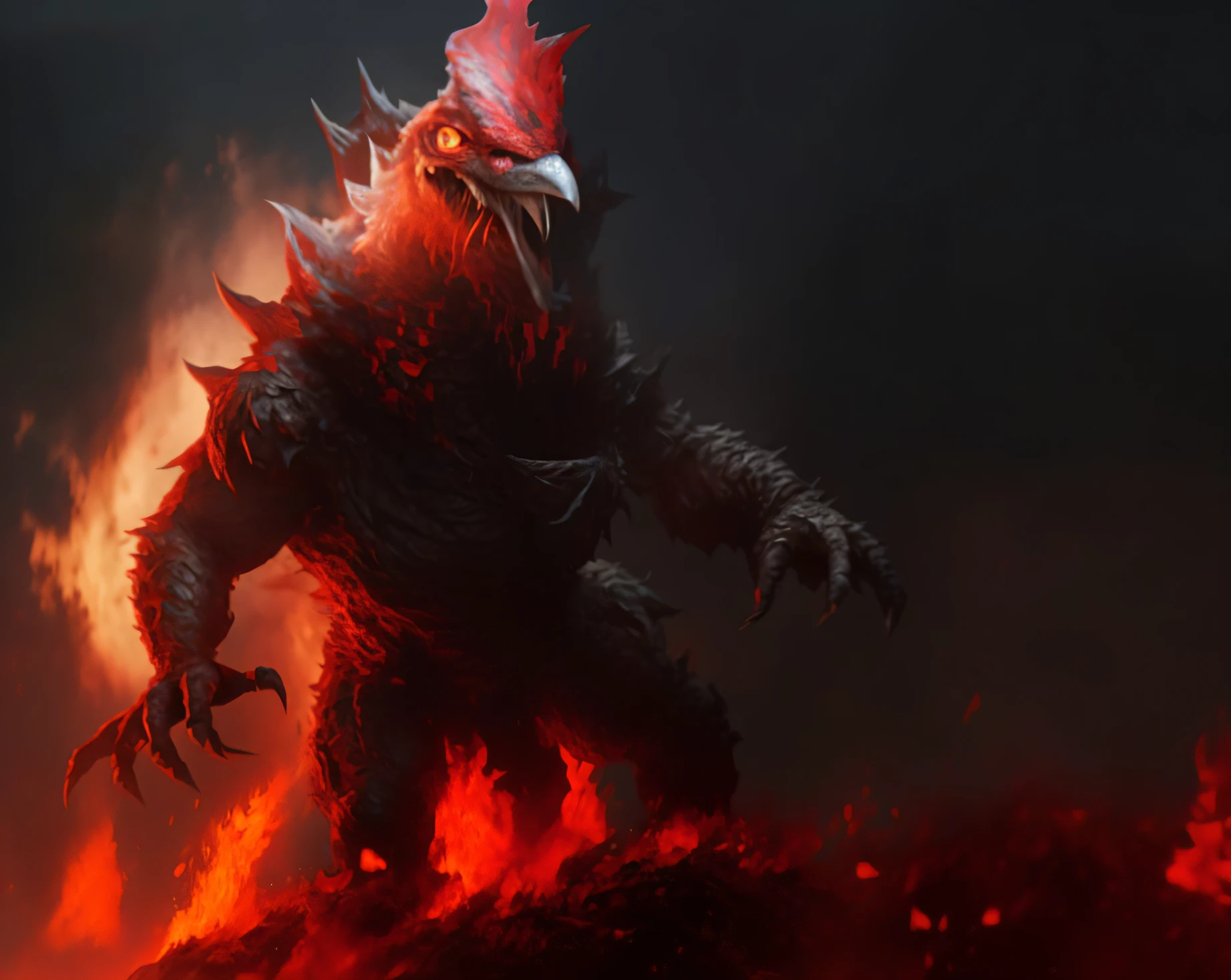 A large red monster with a red head and a red beak,photorealestic, Realistic models. 8 k hd resolution, movie picture quality, fire golem creature, monster concept art, ruler of inferno, Adam Maczynski, Dota , Doomsday Monsters, volcanoes, kenku