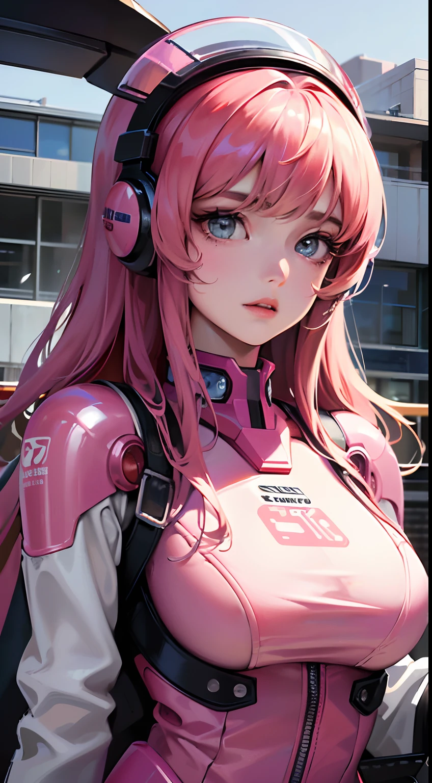 Highest image quality, outstanding details, ultra-high resolution, (realism: 1.4), the best illustration, favor details, highly condensed 1girl, with a delicate and beautiful face, wearing a pink mech, wearing a mecha helmet, holding a direction controller, riding on a motorcycle, the background is a high-tech lighting scene of the future city.