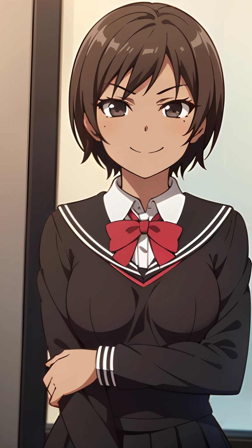 1 girl, (dark brown skin:1.4), very short hair, black eyes colour, mole down the right eye, School girl outfit, Evil smirk, dominant aura, (high quality, masterpiece, extremely detailed:1.2), (medium sized breasts:1.2), (Realistic, photorealistic:1.2), (breasts_squeeze:1.2)