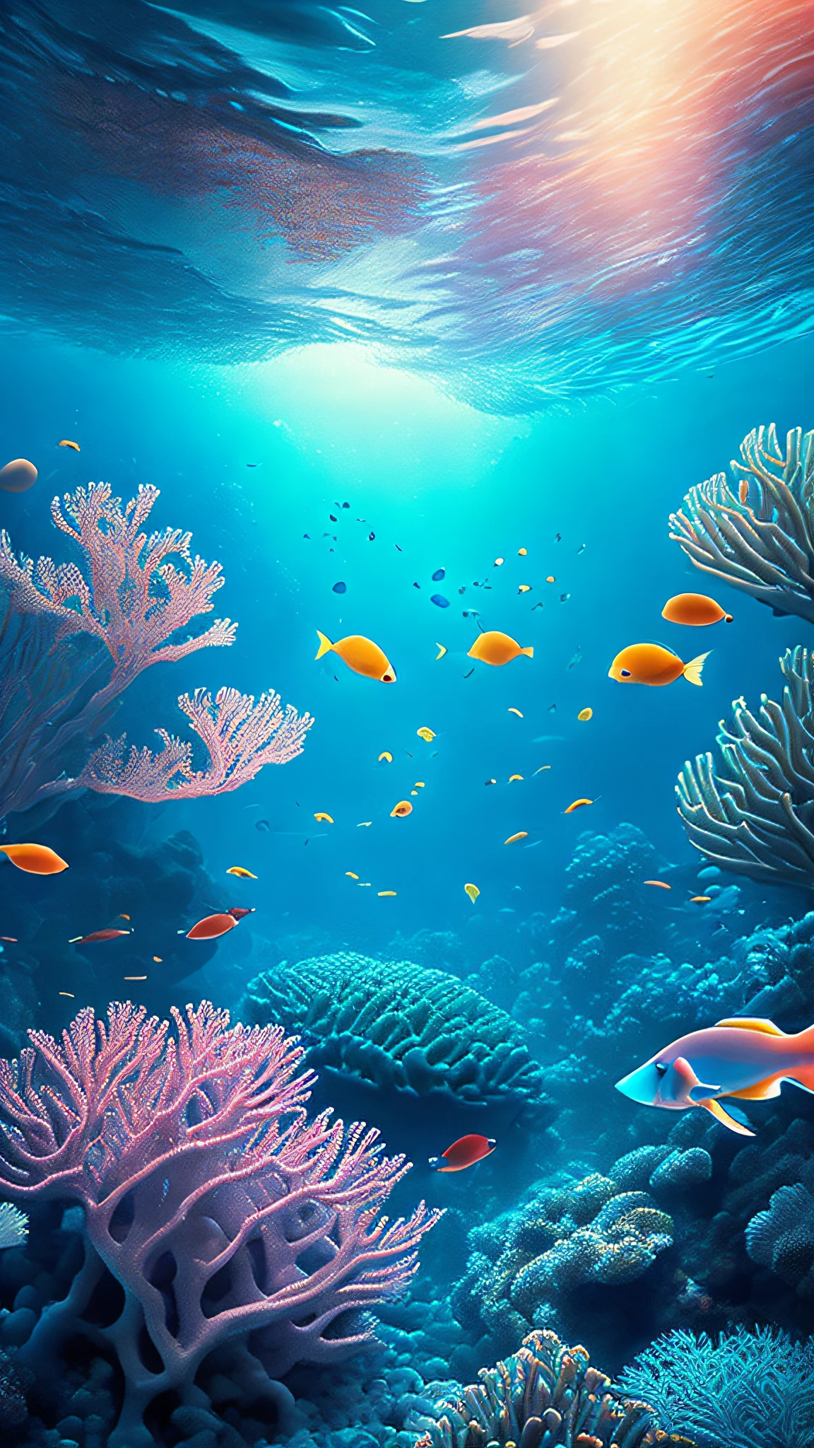 Underwater Wonderland: Imagine a coral reef teeming with vibrant, alien-like marine life, lit by the soft, dappled sunlight filtering through the water's surface.