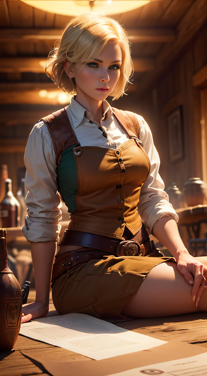 ((Full-pageconcept-art, Project Sheet, 3 dBlender: 1)), Short-haired cowboy woman in a saloon in the Old West,blonde,sitting,Smoking pipe,Whiskey table,blueprint,Revolver with a bullet for 6 bullets,barrel,a table,playing cards,Dust,Artwork,..3d, 4k,Detailed,Realistic