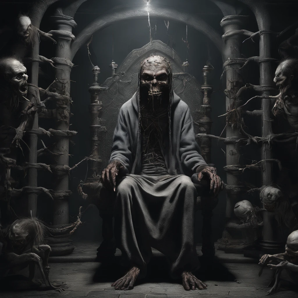 (In this dark and scary place, Evil spirits are imprisoned,Suffering from unbearable pain. Their mouths are pierced with steel needles or spikes, Their tongues already, Make them unable to speak or make any sound. The demons and minions of hell use various torture tools to torture them, Let them experience endless despair and pain:1.2),symetrical composition, magnificent scale, strong use of negative space, facing up, one-point perspective, Realistic hyper-detail, 8K, k hd