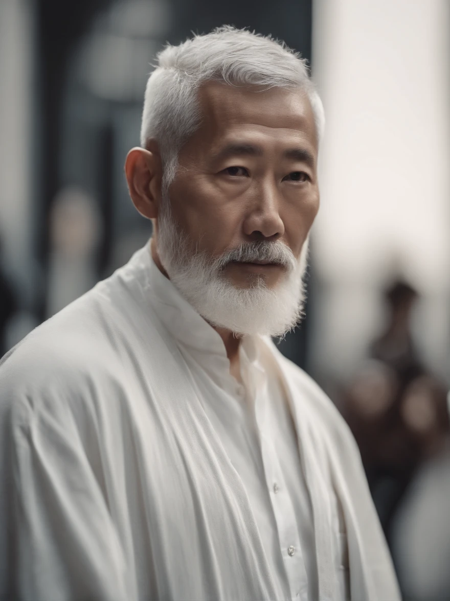 Cinematic portrait , Portrait of a father，Look at the viewer，Asian older men,old man,Thin and thin, (80 years:1.1), (shaved pubic hair:1.2), (very short white hair，A little curly:1.5),(Long beard:1.6).Dark coat, white  shirt . Minimalist background, Own composition, detalhe poderoso, Autumn background，the soft light, hasselblatt, RAW style