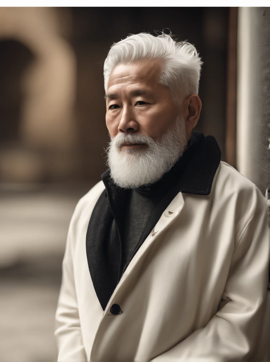 Cinematic portrait , Portrait of a father,Look at the viewer,Asian older men,old man,Thin and thin, (80 years:1.1), (shaved pubic hair:1.2), (very short white hair,A little curly:1.5),(Long beard:1.6).Dark coat, white shirt . Minimalist background, Own composition, detalhe poderoso, Autumn background,the soft light, hasselblatt, RAW style