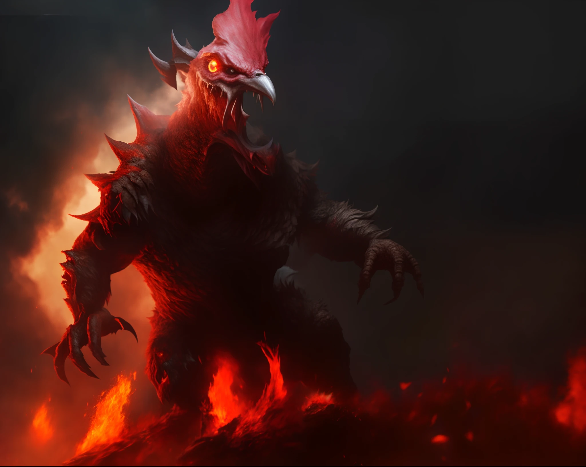 A large red monster with a red head and a red beak,photorealestic, Realistic models. 8 k hd resolution, movie picture quality， fire golem creature, monster concept art, ruler of inferno, Adam Maczynski, Dota , Doomsday Monsters, volcanoes, kenku