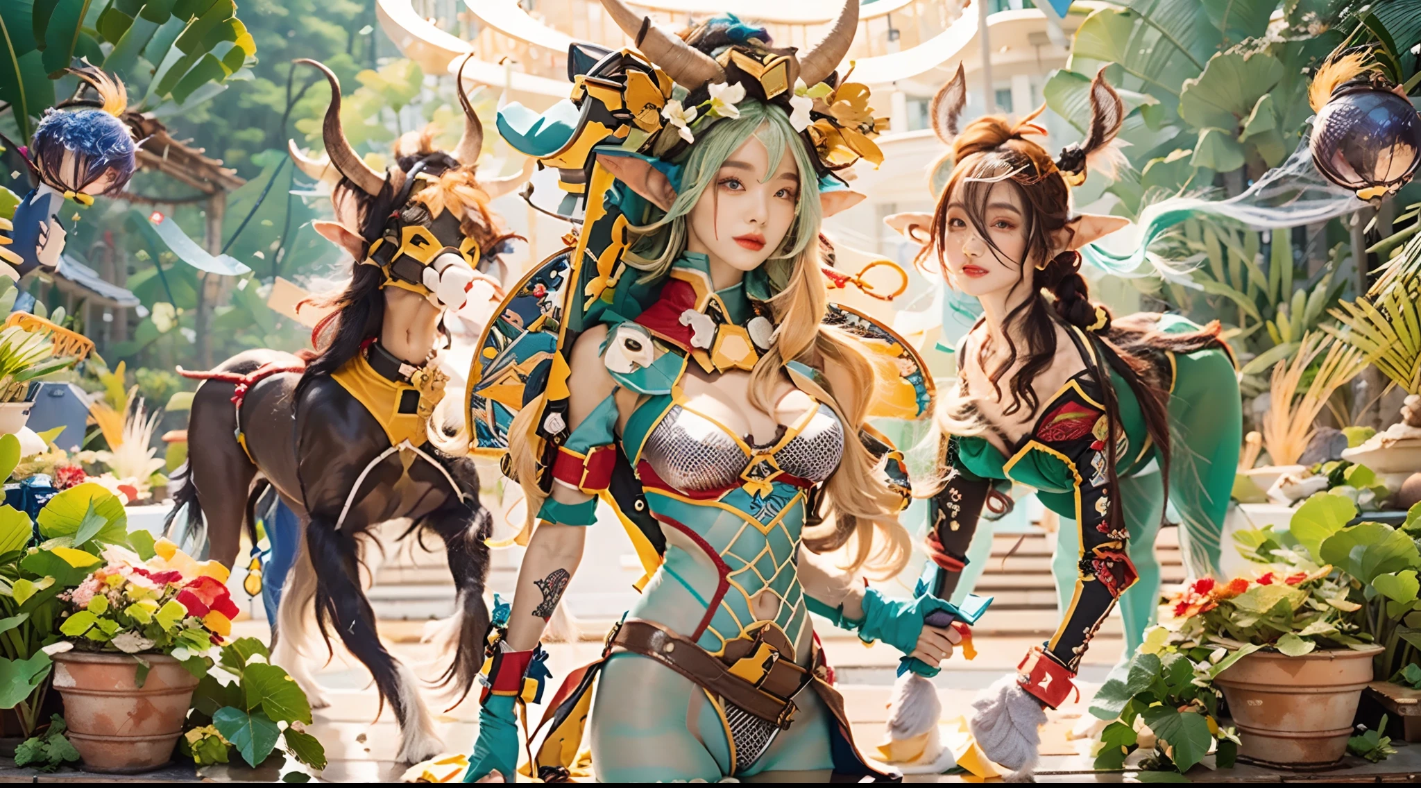 In the beautiful illustration of this super-grand scene,The ultra-distant lens shows us(Over eight separate and distinctive centaur characters:9.9),They all have their own characteristics,Vivid and interesting。Radiant from the heavens(Angelic centaurs:6.6),To nightmarish is(Centaurs surrounded by flames:6.6)、And then to the wind dancing in the air(Fairy centaurs:6.6)、And thunder and lightning surrounding(One-horned centaur:6.6),and shining metallic ones(Mechanical style centaur:6.6)、And then(A centaur with colorful dragon scales covering the whole body:6.6)The power is powerful、Elegant and agile(Elf centaur's slenderness:6.6)Gracefully wears a flower crown、Enchanting and charming(Tiflin centaurs:6.6)、Have the indescribable(Raised sexy:6.6)'s(Succubus centaurs:6.6)。Each character has their own unique charms and abilities。The illustration uses advanced artistic techniques and tools,(Use nesting、woven、stitching、ssee-through、arrange、grouping、Storyboards and other methods,Divide the scene into sections by geometric arrangement:9.9),Each section corresponds to a centaur character,This makes more efficient use of space。Through Midjourney's advanced brush tools、Color palette、Material packs and model packs、Texture tools,For each centaur, beautiful props are designed to increase racial characteristics、Clothing and physical features,(Enhances the character's personality and visual appeal:2.5),The scenery in the illustrations is stunning,There are changing skies、rainbowing、extreme light、Stars and Moon。Incorporating iconic landmarks such as Mount Everest,and fireworks、tranquil lake、Natural and urban elements of waves and neon lights,Creates a magical atmosphere,The centaurs display their unique abilities and equipment in a variety of environments,This is true even in extreme alien landscapes。(Use Midjourney's tools、Material packs、Texture tools、The color palette makes depicting details vivid and realistic:9.9),From complex hairstyles and as well as different racial traits、Body、Ap