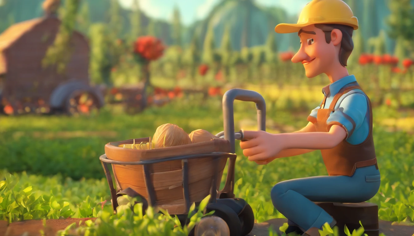 A Laborer Working in a Lavish Farm Pixar Style, 3D Render, CG, (masterpiece, best quality, highres, ultra-detailed, 8k, 4k)