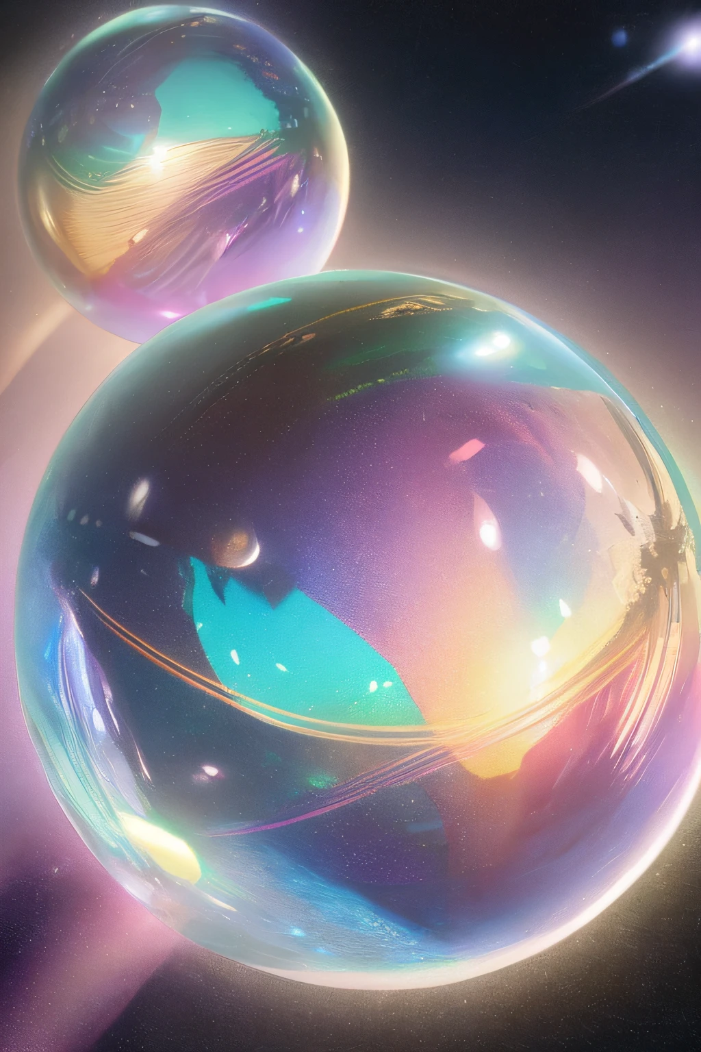 Beautiful iridescent spheres、8k、Like an animated movie、A sphere with a dazzling light