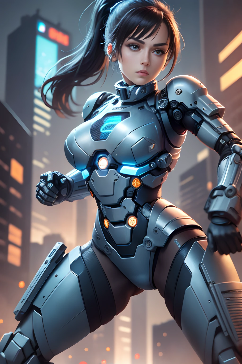 Masterpiece,(best qualtiy),highly  detailed,Ultra-detailed,sci-fy, 1 mechanical female soldier, solo person, crNanosuit, high ponytails,(Blue eyes),(Machine-made joints:1.5), Mechanical limb，huge tit，Wire，Fighting in the street， (Serious expression), (tactical gear:1.2), High contrast, extreme hight detail,highest details,(during night:0.7), (urban surroundings), (Dynamic pose), (glowing neon lights:0.9), (smoke effect:0.6),