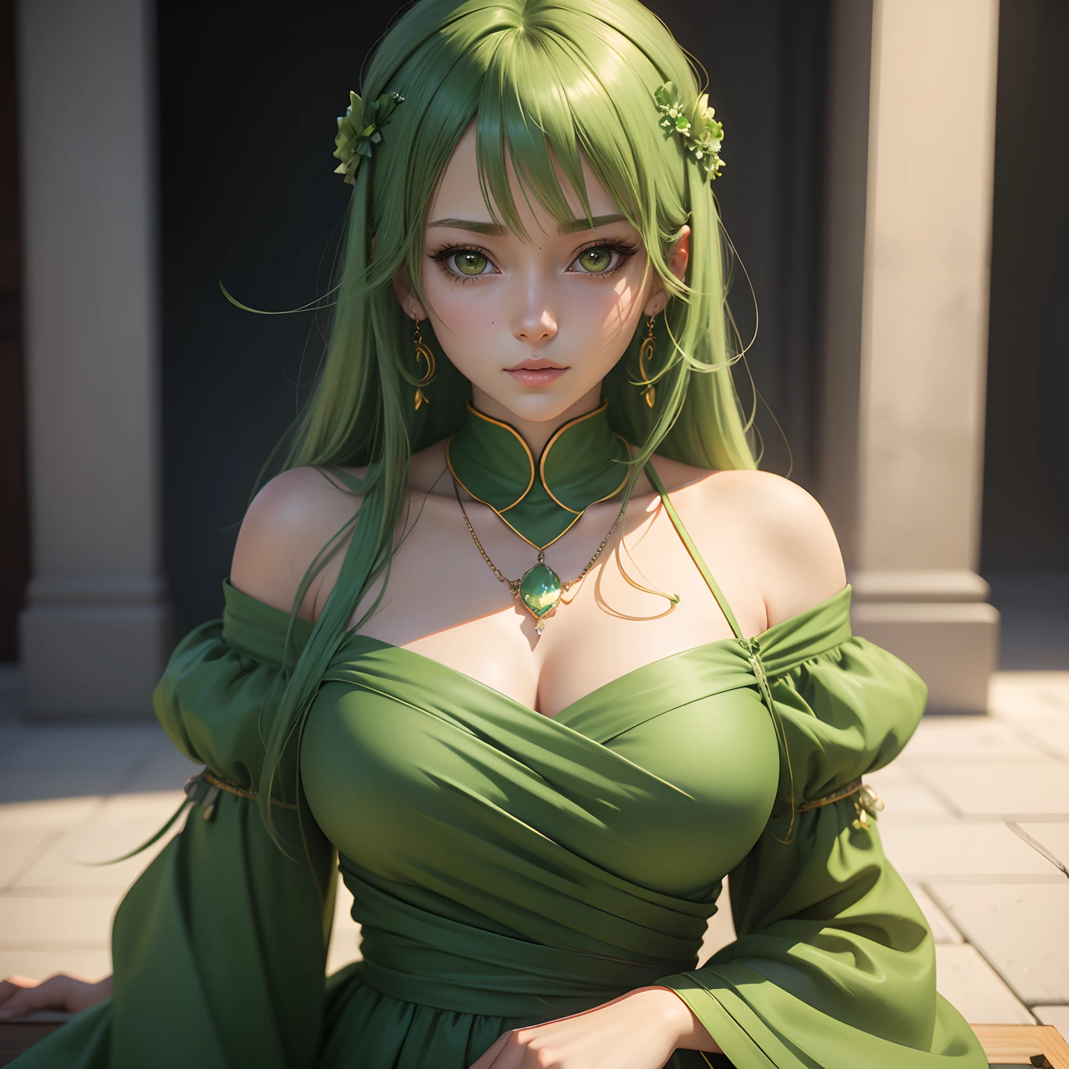 Green hair，（huge breasts1.4），（nakeness）