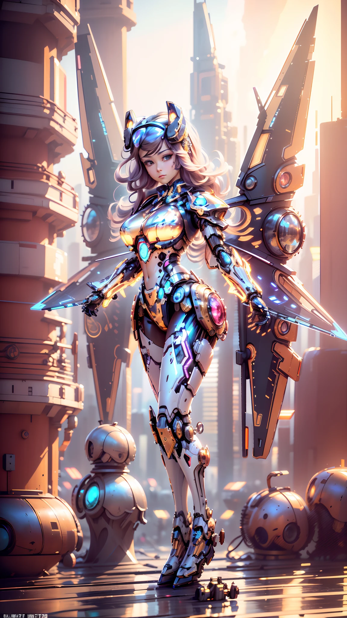 tmasterpiece，best qualtiy，highest  quality，ultra - detailed，Best resolution，8K，CG，illustration，realisticlying，aerial perspective，(Surrealist tech metropolis:1.2)，(The mech girl flew over the city:1.2)，(Mechanical wings with a sense of technology:1.3)，Transparent Goggles，Glowing tech mech