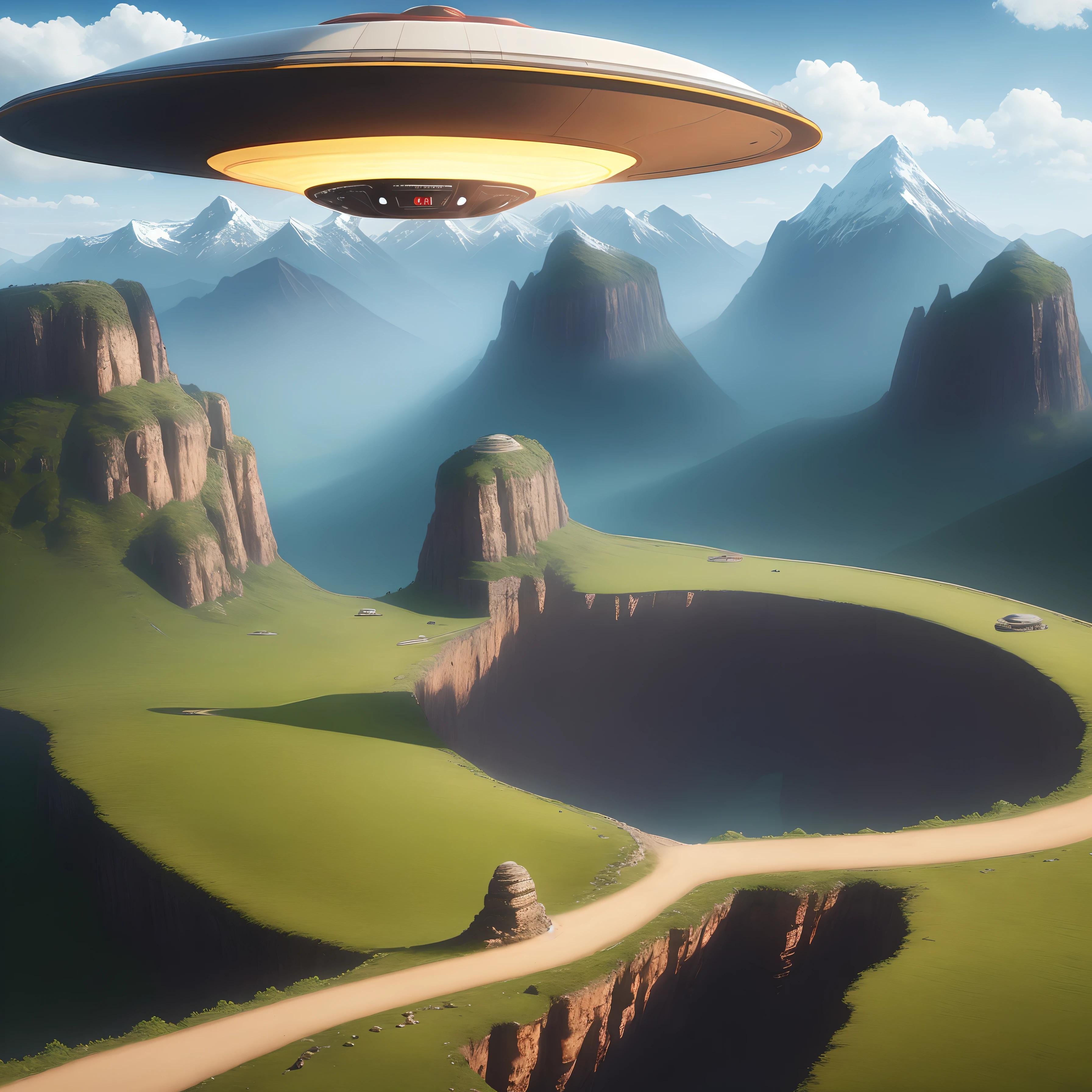 Create a flying saucer landscape near a mountain