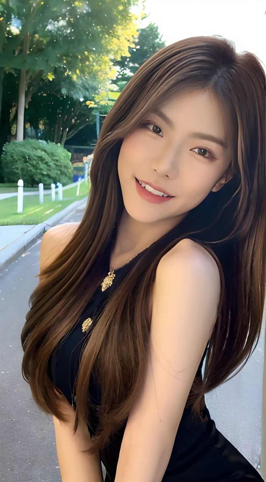 ((Best quality, 8K, Masterpiece :1.3)), 1girll, Smiling, full bodyesbian, Slim face, Pretty woman, (Dark brown hair), full length dress :1.1, Ultra-detailed face, Detailed eyes, 二重まぶた, blur backgroun, Slim face, City, outside, street,The kinky is exposed，stocklings