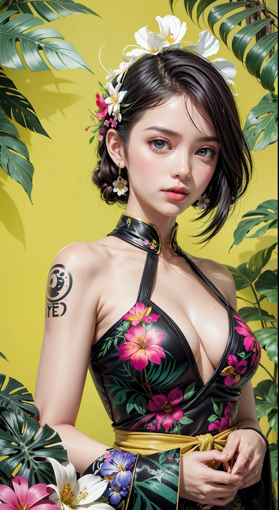 Create a digital art work in pop art style, cinematic color scheme, surrounded by vintage flowers patterns, energtic brushstrokes,the mood should be dynamic, upper body, drawing, illustration, grayscale, tropical, adubon fruits, adubon plants, many flowers, vector, painting oil, asian girl