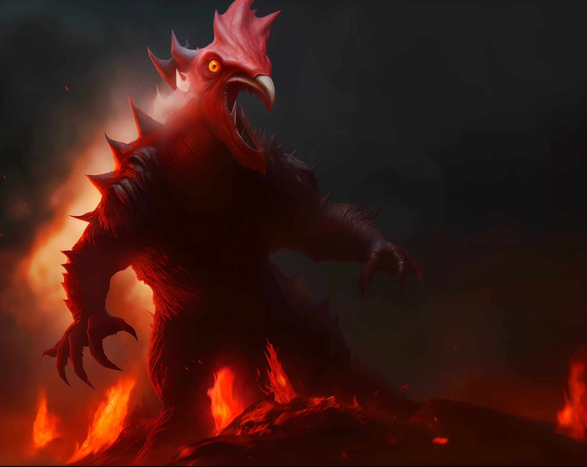 A large red monster with a red head and a red beak,Rooster's head，with her mouth open，photorealestic, realistic model. 8 k hd resolution, movie picture quality， fire golem creature, monster concept art, ruler of inferno, Adam Maczynski, dota , Doomsday Monsters, volcanoes, kenku