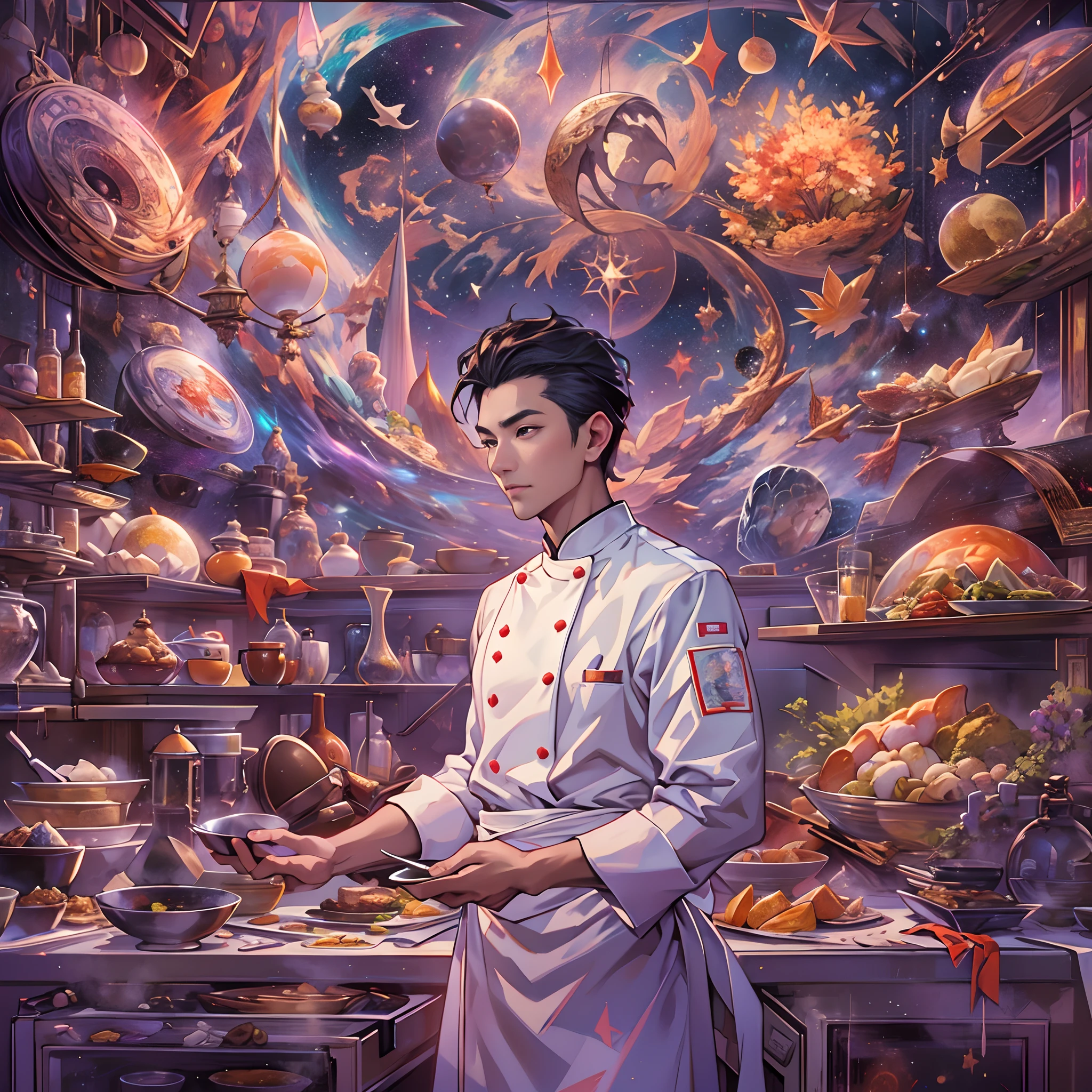 Tall and handsome young chef,Stand on the edge of the dream space, eyes glowing, Surreal scenes full of symbols and patterns of various skills, ,in the style of the stars art group xing xing, 32K, Best quality, Masterpiece, Super detail, High details,
