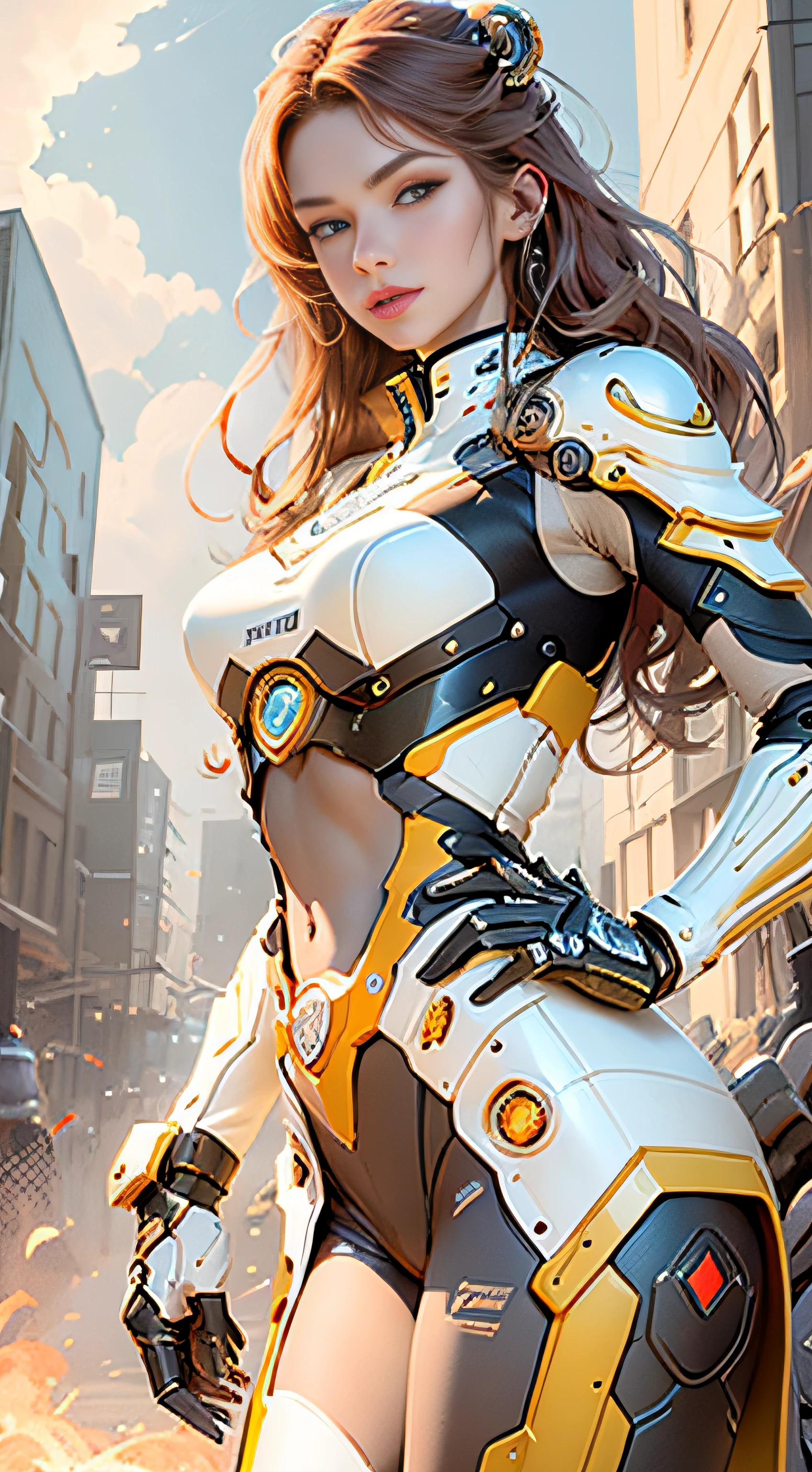 1girll, 8K quality,full bodyesbian, The style of mechanical clothing, Sexy goddess,The facial features are delicate and beautiful,Red long-haired,Future technology building,blueglow,with blue sky and white clouds,Spaceship,Multiple planets,The setting sun burns the clouds,Jupiter,Mards,Tornado,Flaming,Goddess Mage,Large bearings,Stone dragon wall,Full of gold treasures,Ultra-futuristic motorcycle combat vehicle。