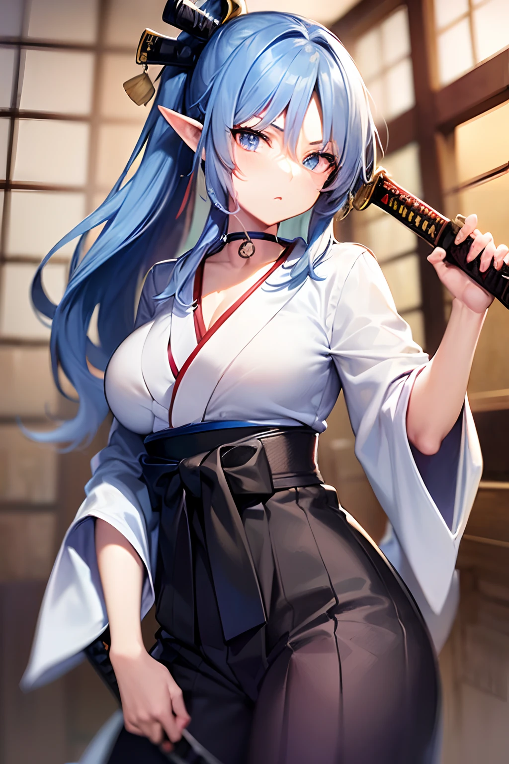 samurais, ((Kyoto Animation Style)), super precision, masterpiece, very extremely beautiful, Princess Face, ((One adult woman)), ((Solo:1.5)), Big eyes, ((sky blue hair:1.5)), (Blue eyes), ((Very long hair)), ((Straight hair)), ((poneyTail:1.5)), ((Large breasts)), elf-ears, ((耳Nipple Ring:1.5)), ((a black choker:1.5)), Faint lips, Professional Lighting, (25 years old), Narrow waist, Shiny skin, Oiled skin, glistning skin, Looking at Viewer, ((Hakama:1.5)), ((Japanese Katana Sword:1.5)), Holding a sword, Looking back, Furious, Irritated, narrow her eyes, cowboy shot, One knife flow,