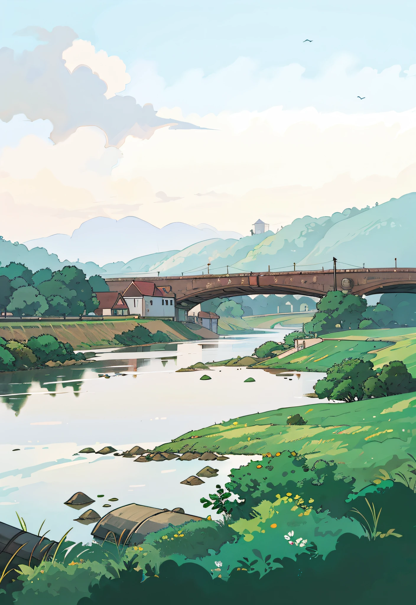 in style of ghibli,Head by the river,Shabby feeling,A sense of vicissitudes