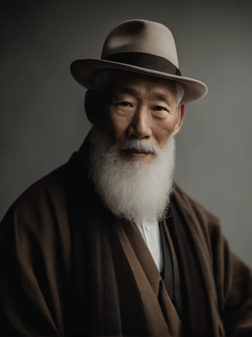 Cinematic portrait , Portrait of a father，Look at the viewer，An elderly Asian man,old man,One guy，Thin and thin, (80 years:1.1), (shaved pubic hair:1.2), (very short white hair，A little curly:1.5),(Long beard:1.6).Dark coat,Minimalist background, Own composition, detalhe poderoso, Autumn background，the soft light, hasselblatt, RAW style