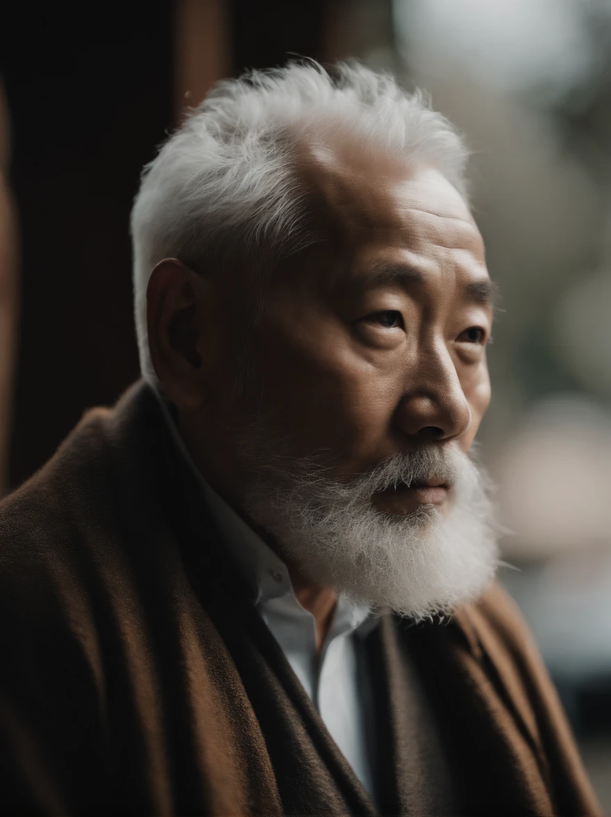 Cinematic portrait , Portrait of a father，Look at the viewer，An elderly Asian man,old man,One guy，Thin and thin, (80 years:1.1), (shaved pubic hair:1.2), (very short white hair，A little curly:1.5),(Long beard:1.6).Dark coat,Minimalist background, Own composition, detalhe poderoso, Autumn background，the soft light, hasselblatt, RAW style