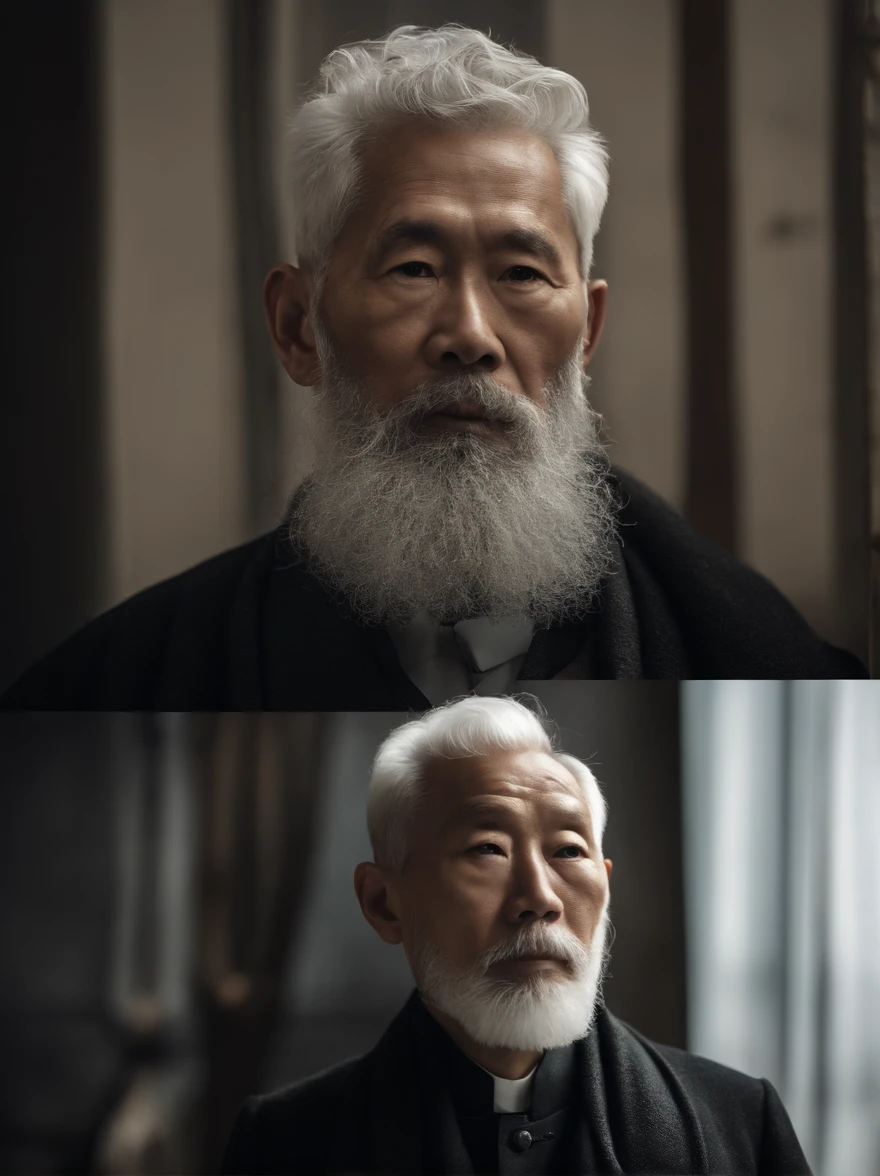 Cinematic portrait , Portrait of a father,Look at the viewer,An elderly Asian man,old man,One guy,Thin and thin, (80 years:1.1), (shaved pubic hair:1.2), (very short white hair,A little curly:1.5),(Long beard:1.6).Dark coat,Minimalist background, Own composition, detalhe poderoso, Autumn background,the soft light, hasselblatt, RAW style