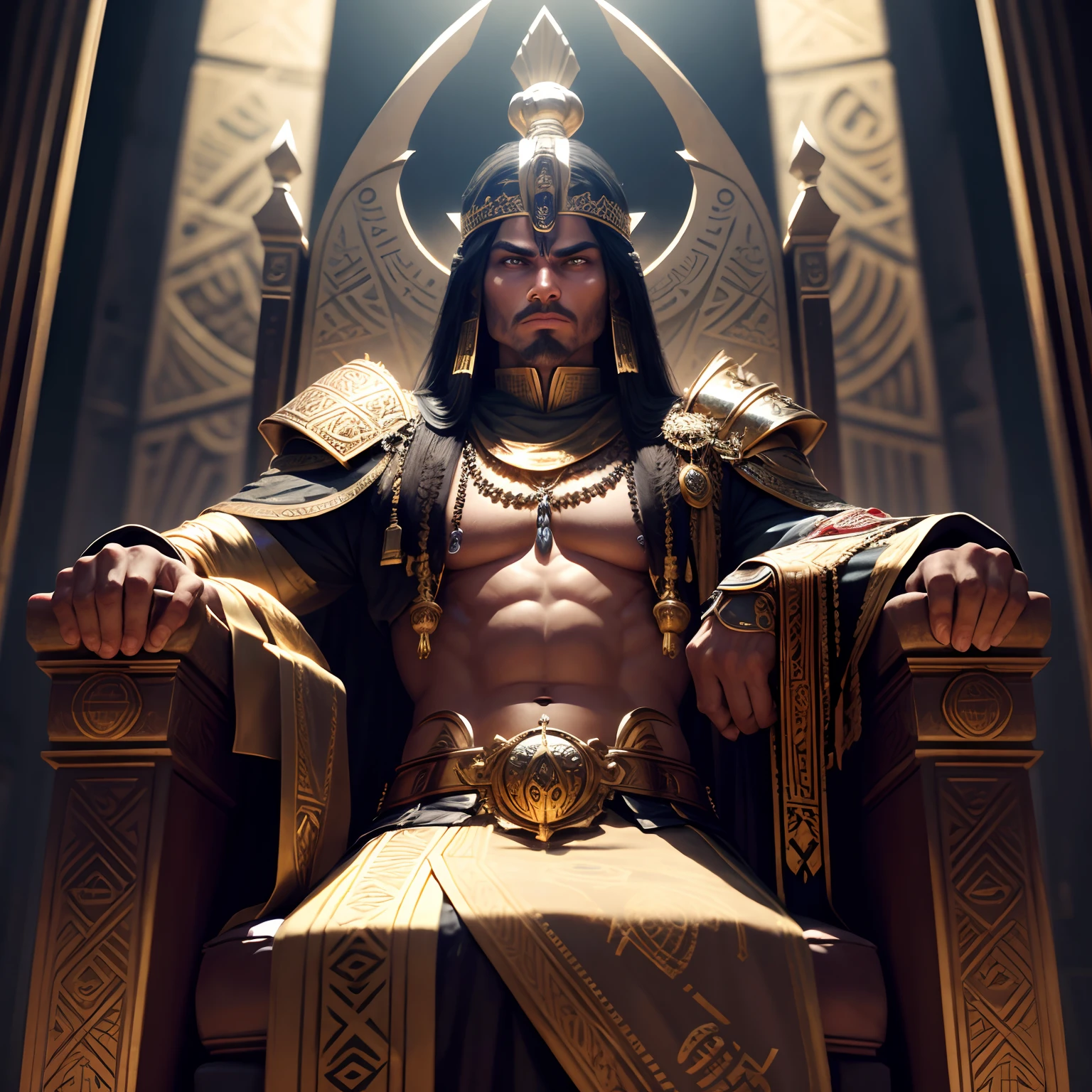 Horus imposing ultra details sitting on the throne looking at me holding his with very sinister features