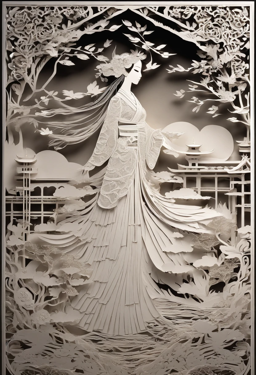 masterpiece, A Chiense woman in a hanfu, beautiful render of a fairytale, in the style of paper art, painting of beautiful, beautiful as the moon, very intricate masterpiece, painted metal, beautiful intricate masterpiece, multiple layers, Mysterious, Ancient China background