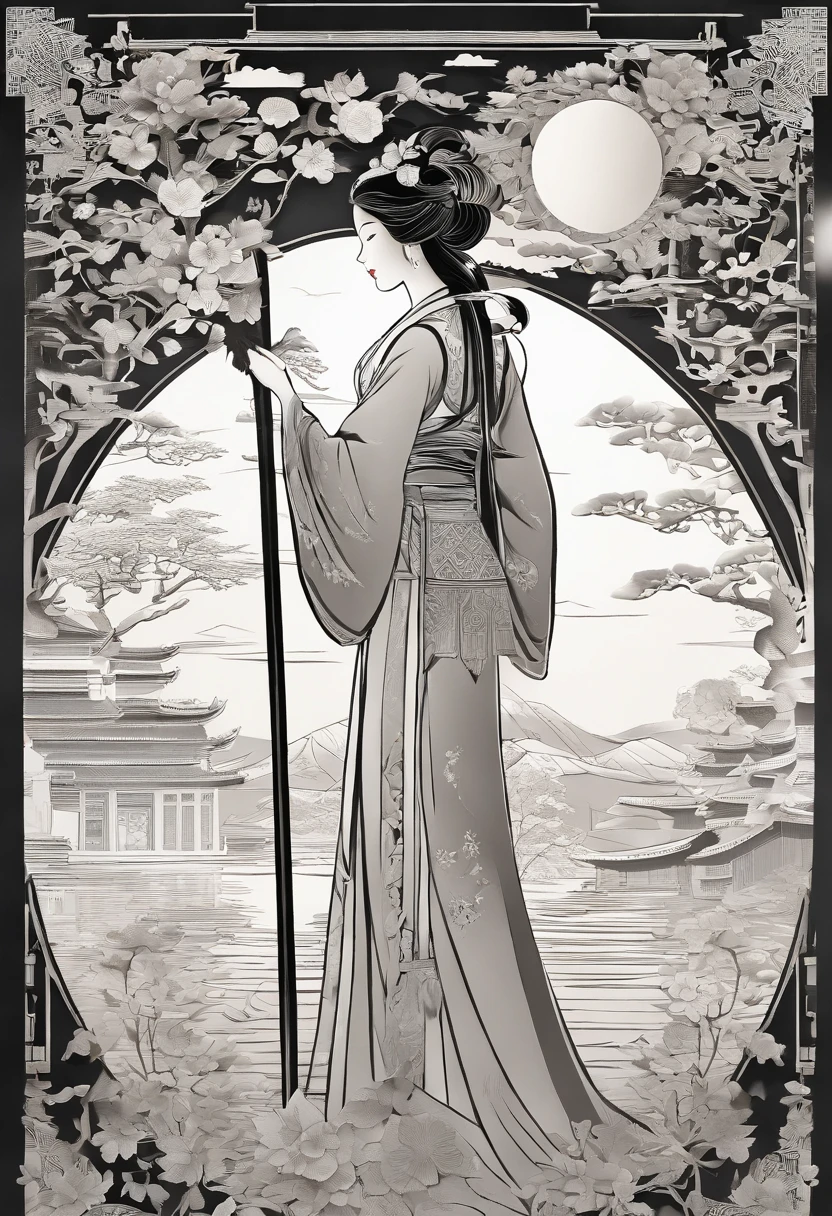 masterpiece, A Chiense woman in a hanfu, beautiful render of a fairytale, in the style of paper art, painting of beautiful, beautiful as the moon, very intricate masterpiece, painted metal, beautiful intricate masterpiece, multiple layers, Mysterious, Ancient China background