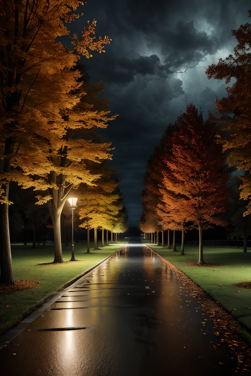 Dark stormy autumn weather, photorealistic, soft pastel colours, tranquility, intricate, path tracing, illustration, insanely detailed, shadow mapping volumetric light, dramatic lighting, award winning photography