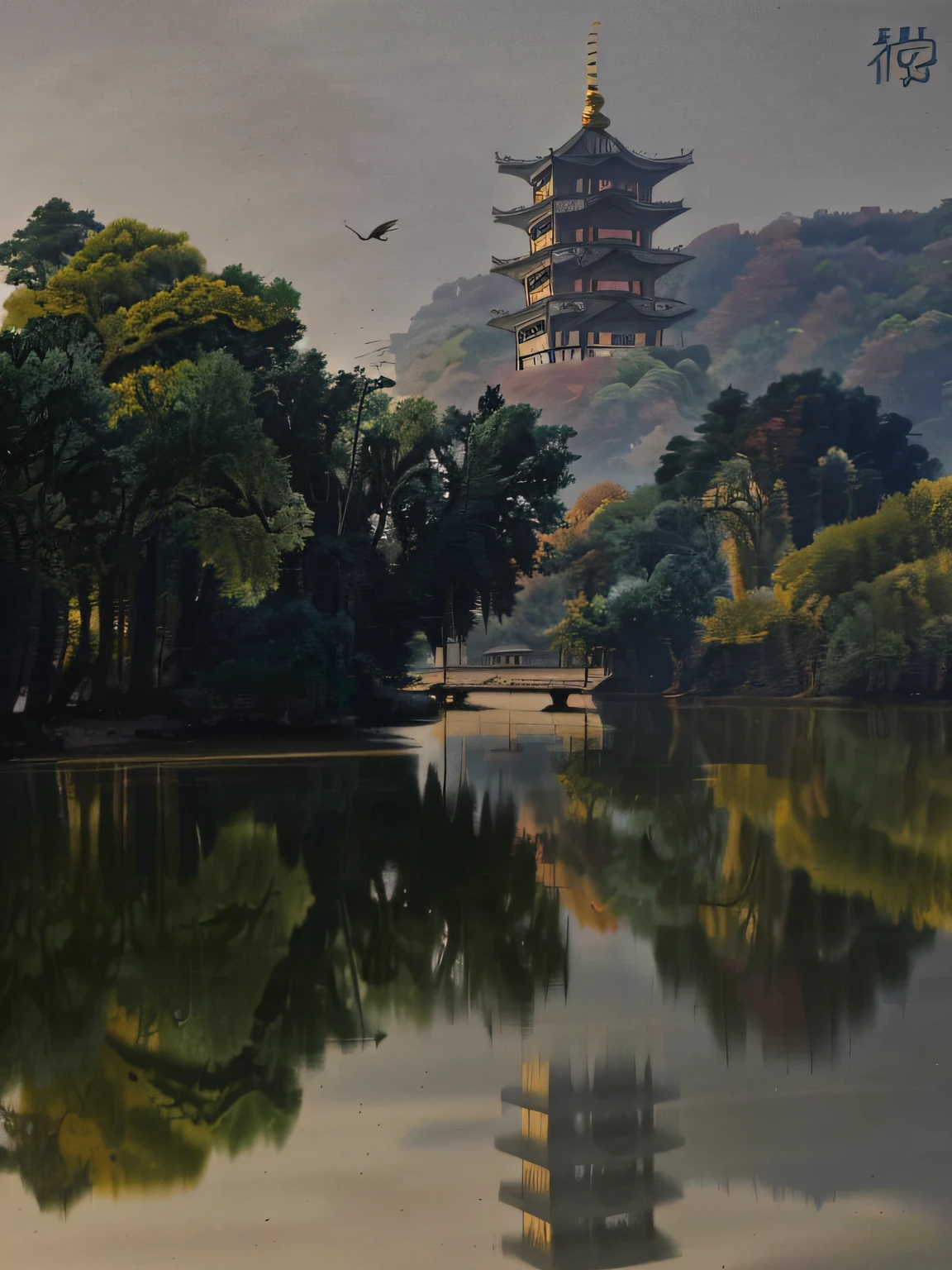 golden colored,Golden sunset,Trees and bushes around Autumn Lake,In the background is a pagoda, Hangzhou, Chinese landscape, Beautiful rendering of the Tang Dynasty, Ancient Chinese architecture, zhangjiajie in early morning, in a serene landscape, pagodas on hills, dreamy Chinese towns, author:Li Di, author:Shi Rui, Song Dynasty, author:Ma Yuan, author:Ma Yuanyu