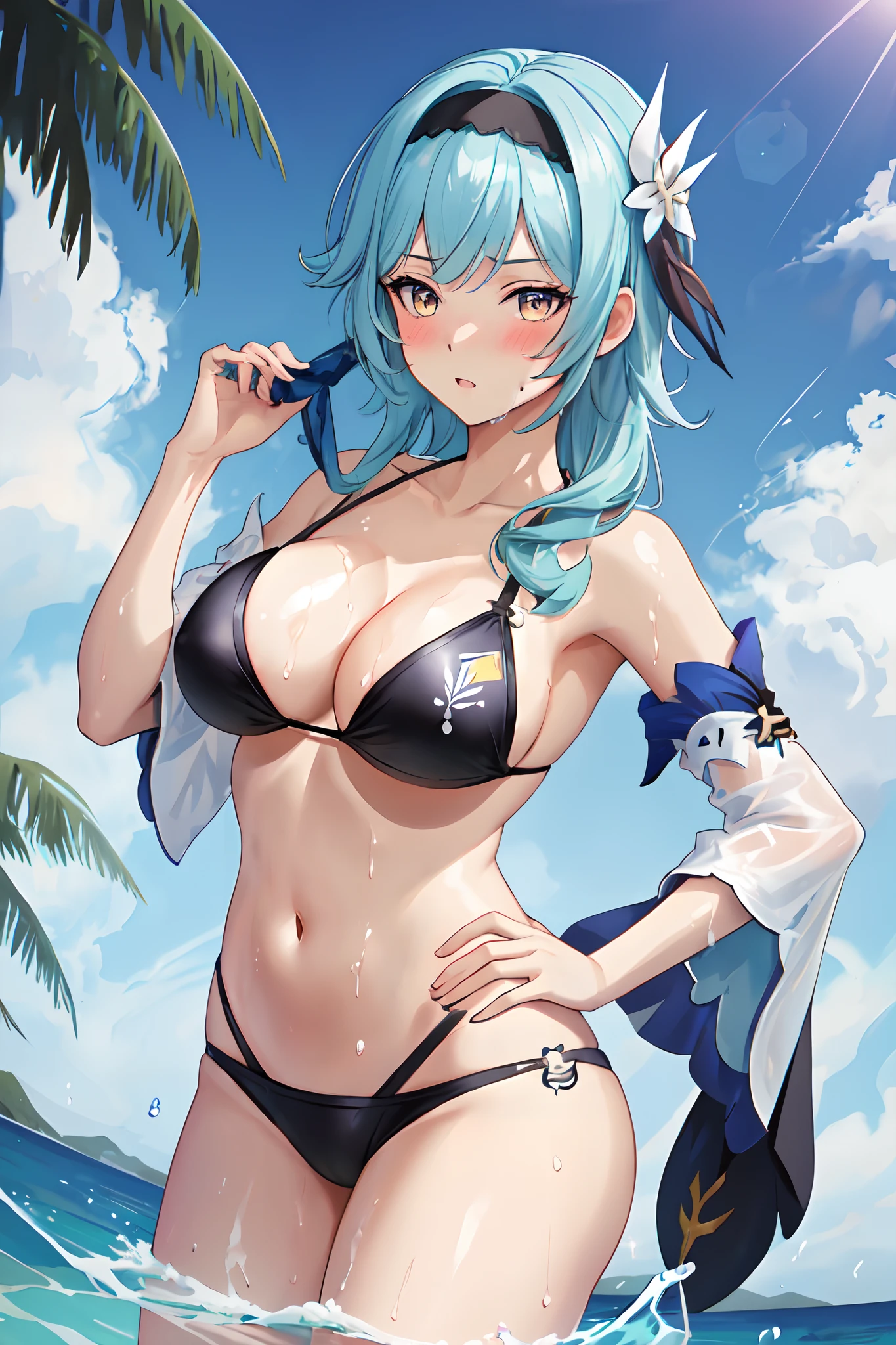 best quality, masterpiece, highres, solo, {eula_genshin:1.15}, blue_hair, bangs, hairband, breasts, black_hairband, medium_hair, hair_ornament, blush, yellow_eyes, large_breasts, purple_eyes, 1girl, bikini, looking_at_viewer, swimsuit, day, sky, outdoors, blue_sky, bare_shoulders, cleavage, wet, collarbone, white_bikini, water, cloud, navel, hand on hip