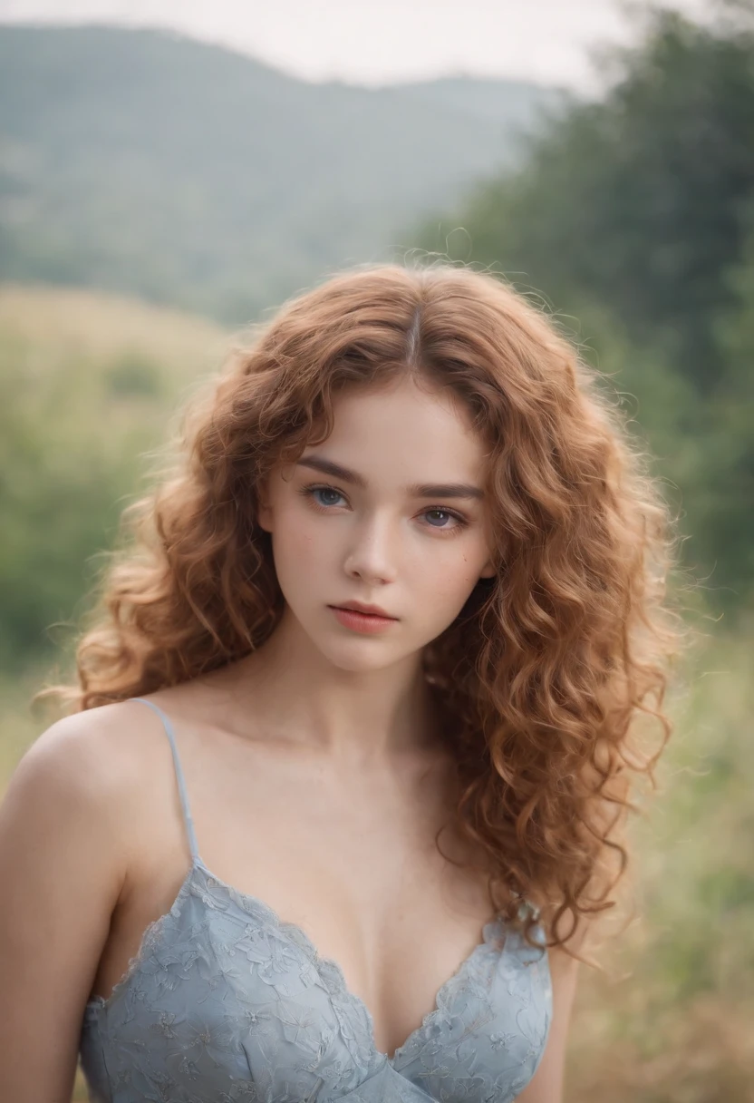 (One lady)、kawaii、A sexy、"Full body portrait of attractive  girl with hay-colored curly hair, Hairstyles in the late 80s, Small freckles, Beautiful face, Seductive dark blue eyes, Large bust size, Show its natural beauty."