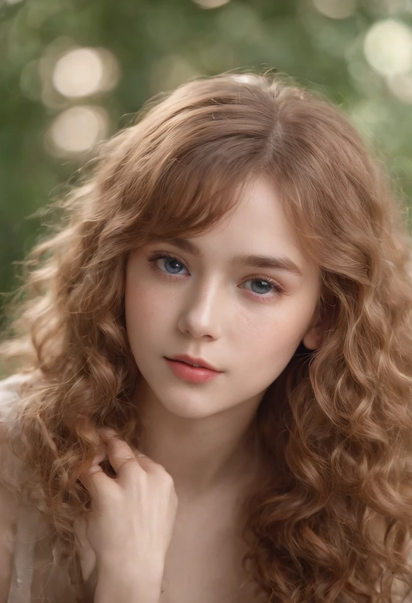 (One lady)、kawaii、A sexy、"Full body portrait of attractive girl with hay-colored curly hair, Hairstyles in the late 80s, Small freckles, Beautiful face, Seductive dark blue eyes, Large bust size, Show its natural beauty."