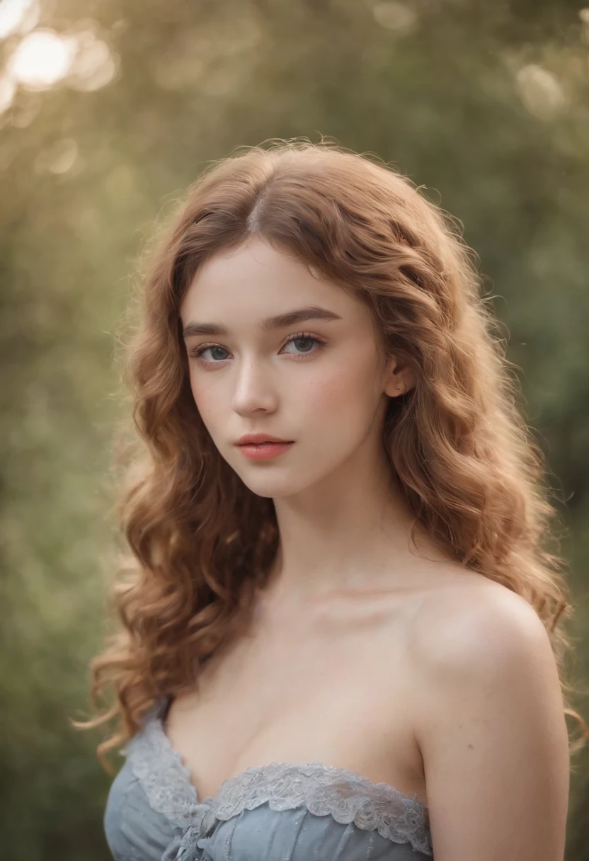 (One lady)、kawaii、A sexy、"Full body portrait of attractive girl with hay-colored curly hair, Hairstyles in the late 80s, Small freckles, Beautiful face, Seductive dark blue eyes, Large bust size, Show its natural beauty."