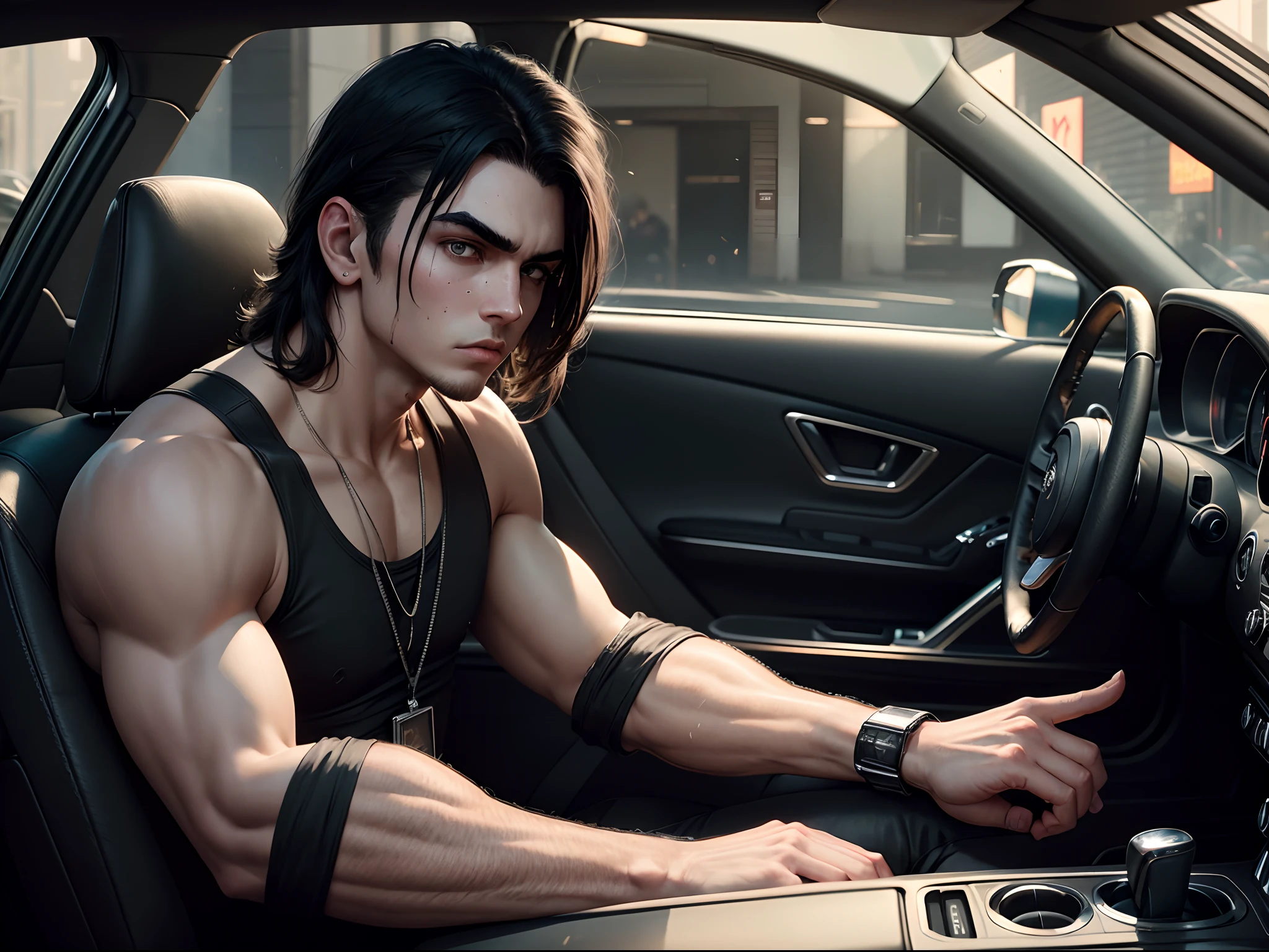 A 22 years boy with black eye driving of dodge charger 1970 model wearing black sando of gangster seeing out side form car window one hand in steering and another in the car door with headphone ultra realistic 4k HD cyberpunk view photo from outside of car