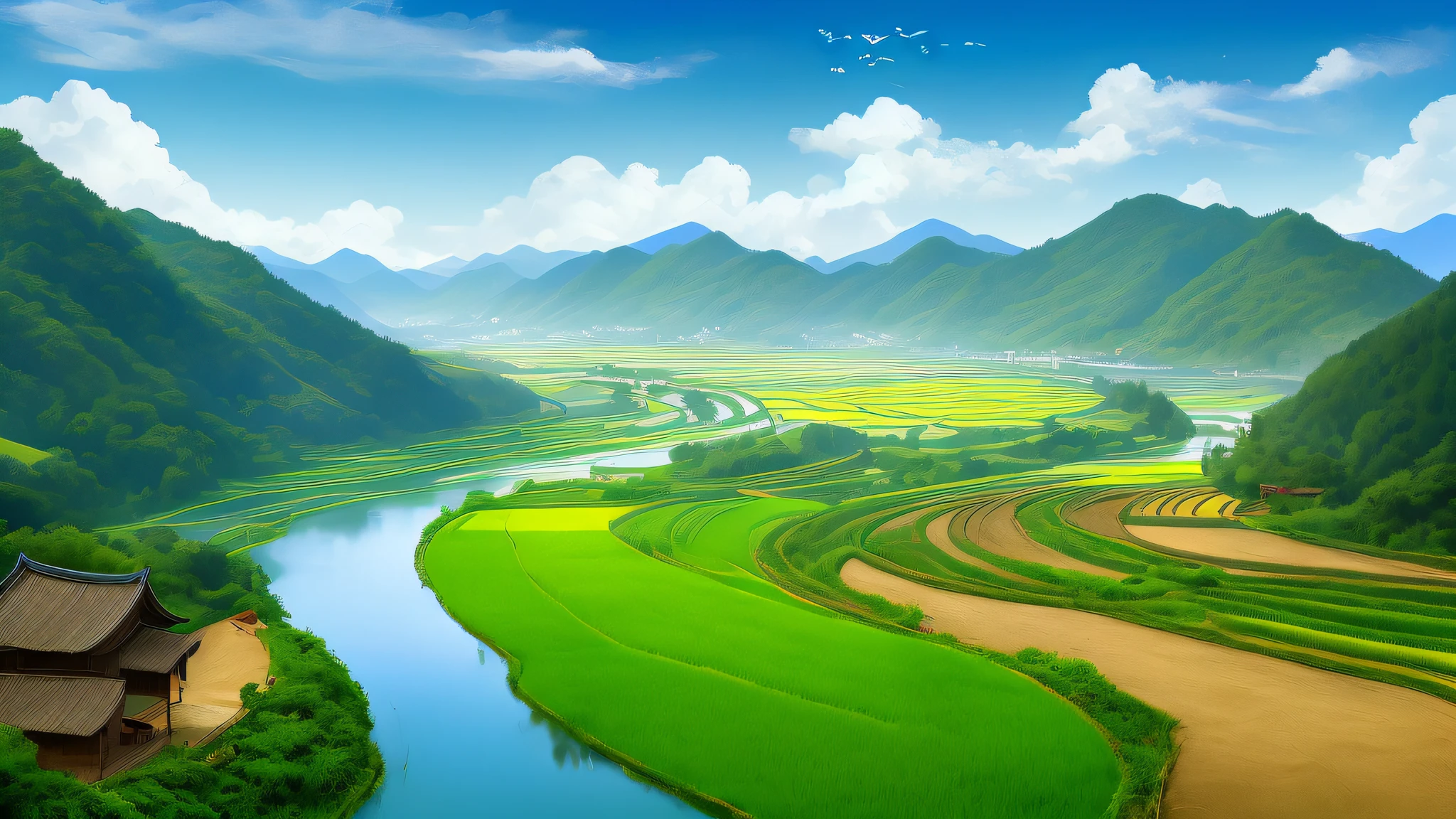 blue-sky，baiyun，ricefield，Birds in the air，Working peasants，Neat and village in the distance，Little River Bend，