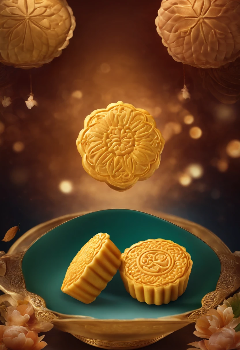 Commercial shooting, Cantonese egg yolk mooncakes, Mooncake size, poster for, Fresh style background, elegant, Booth lighting, Attractive, photorealistic colors, Ultra HD