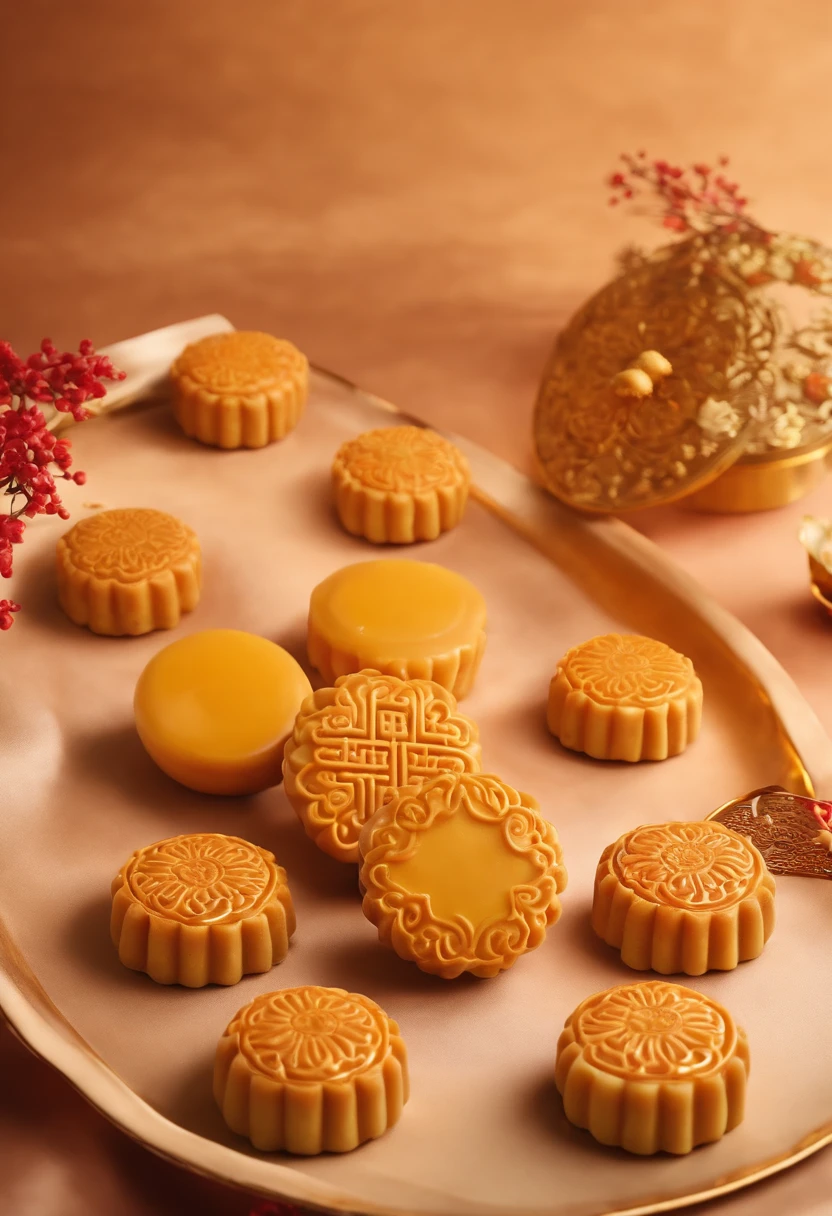 Commercial shooting, Cantonese egg yolk mooncakes, Mooncake size, poster for, Fresh style background, elegant, Booth lighting, Attractive, photorealistic colors, Ultra HD