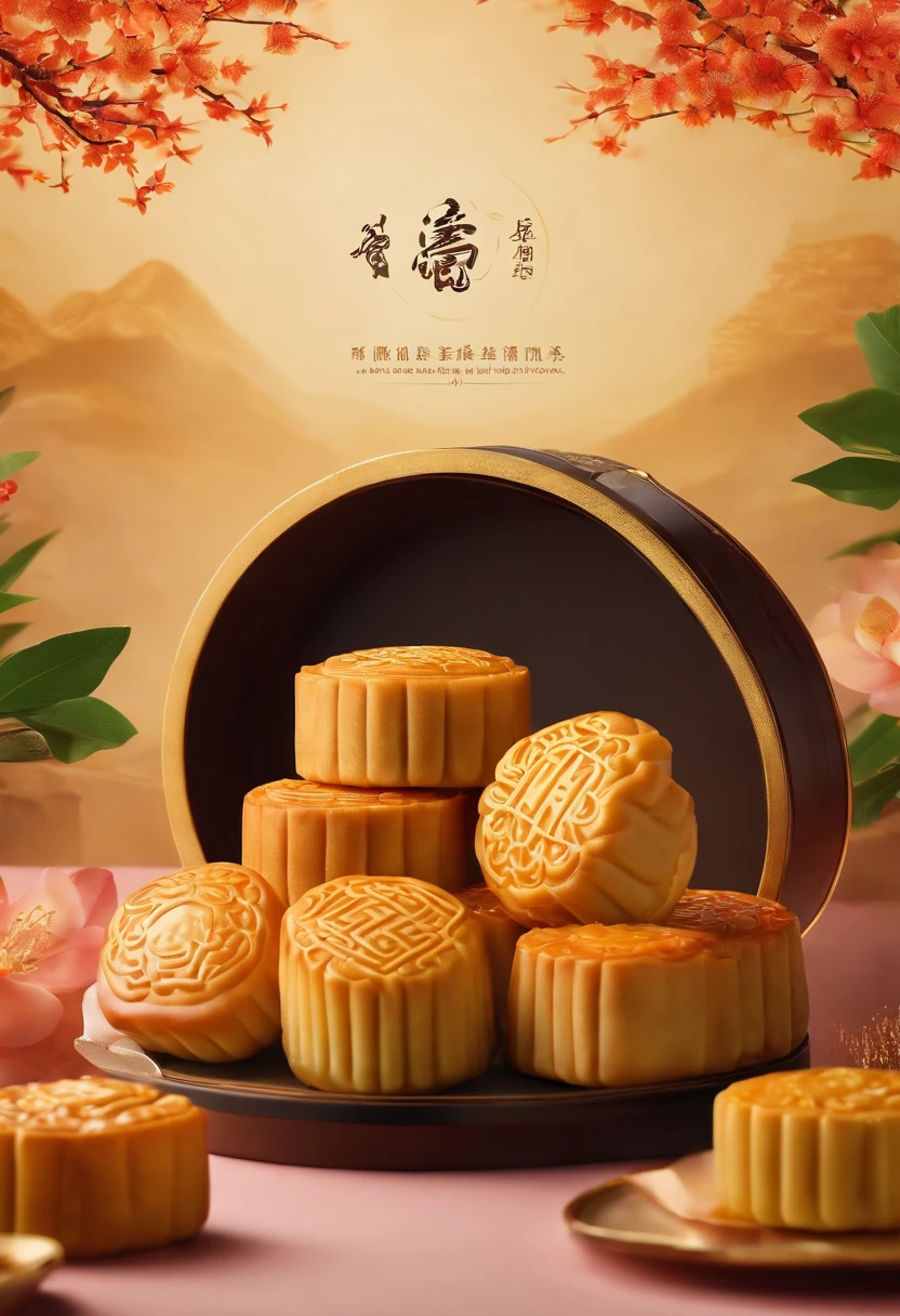 Commercial shooting, Cantonese egg yolk mooncakes, Mooncake size, poster for, Fresh style background, elegant, Booth lighting, Attractive, photorealistic colors, Ultra HD