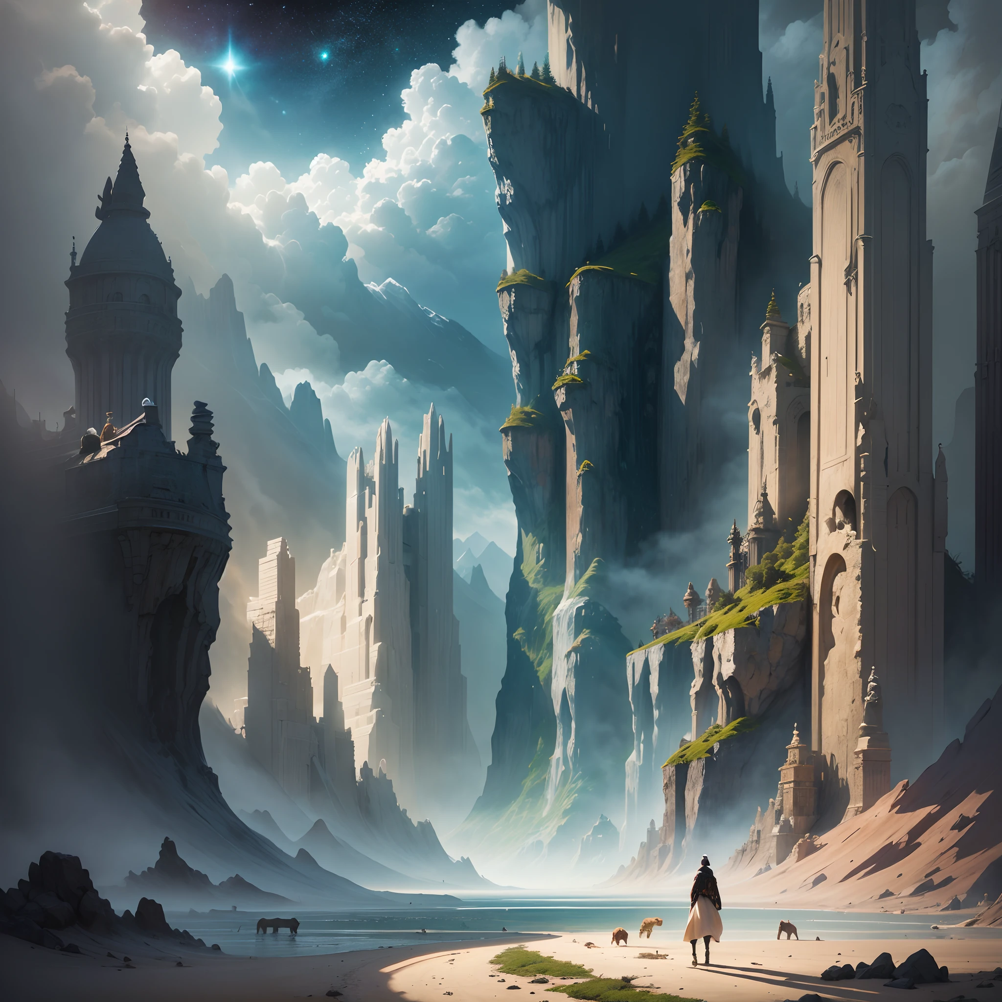 A very dynamic scene. A fantasy vision of creation and the rules of the Universe. Living wildlife. Star events. Blurred dark fantasy background. Light haze. --auto --s2