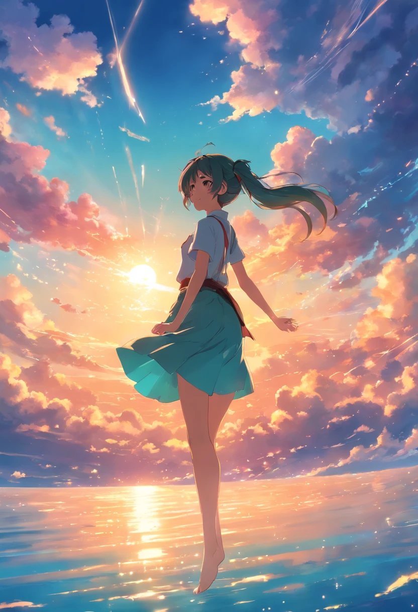 masterpiece, best quality, movie still, Hatsune　Miku, 1girl, cloud girl, floating in the sky, close-up, bright, happy, warm soft lighting, sunset, (sparks:0.7)
