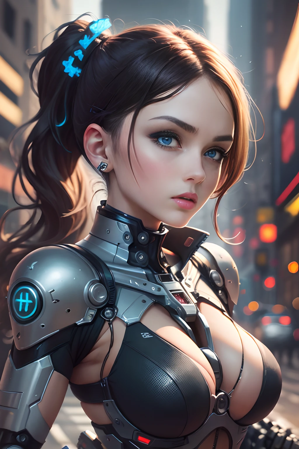 Masterpiece,(best qualtiy),highly detailed,Ultra-detailed,sci-fy, 1 mechanical female soldier, solo person, crNanosuit, high ponytails,(Blue eyes),(Machine-made joints:1.5), Mechanical limb,huge tit,Wire,Fighting in the street, (Serious expression), (tactical gear:1.2), High contrast, extreme hight detail,highest details,(during night:0.7), (urban surroundings), (Dynamic pose), (glowing neon lights:0.9), (smoke effect:0.6),