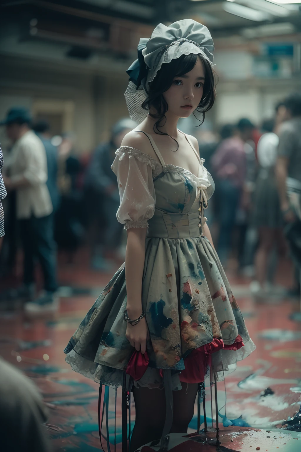 cosplay,pov,natural lighting,1girl,solo,
lolita_dress,standing,bonnet,
crowd,cosplay,blur,blurry,blurry background,nsfw,
Insanely Detailed,Art by Gregory Crewdson,Yoji Shinkawa,Guy Denning,James Jean and Liz Gael,Ink Drip,Paint Splatter,((Chiaroscuro)),((((Textured)))),