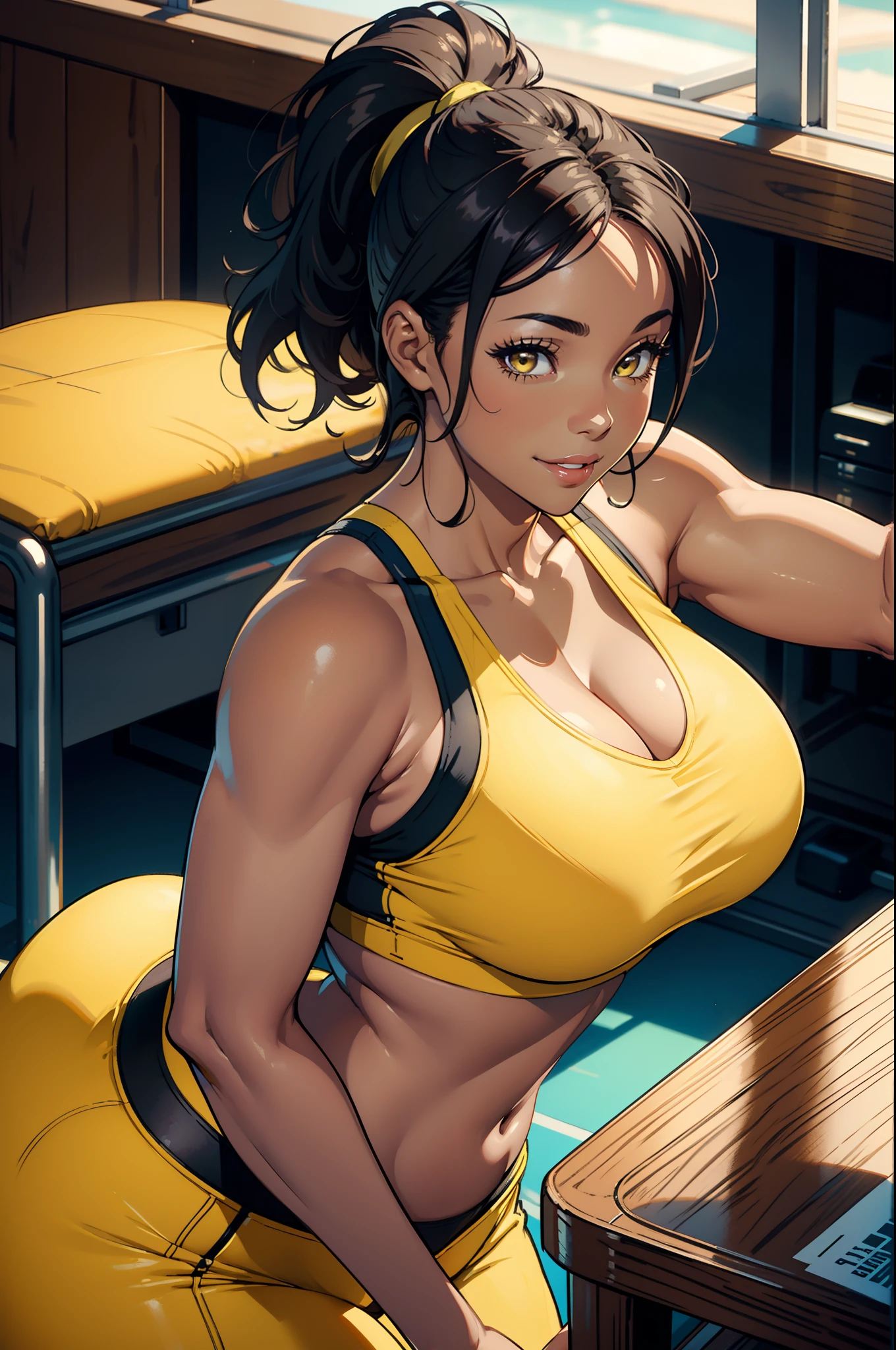 Best quality, solo mature woman, giant breasts, giant ass, very curvy, dark brown skin, high ponytail, lemon yellow eyes, full lips, seductive, sports bra, yoga pants, smiling