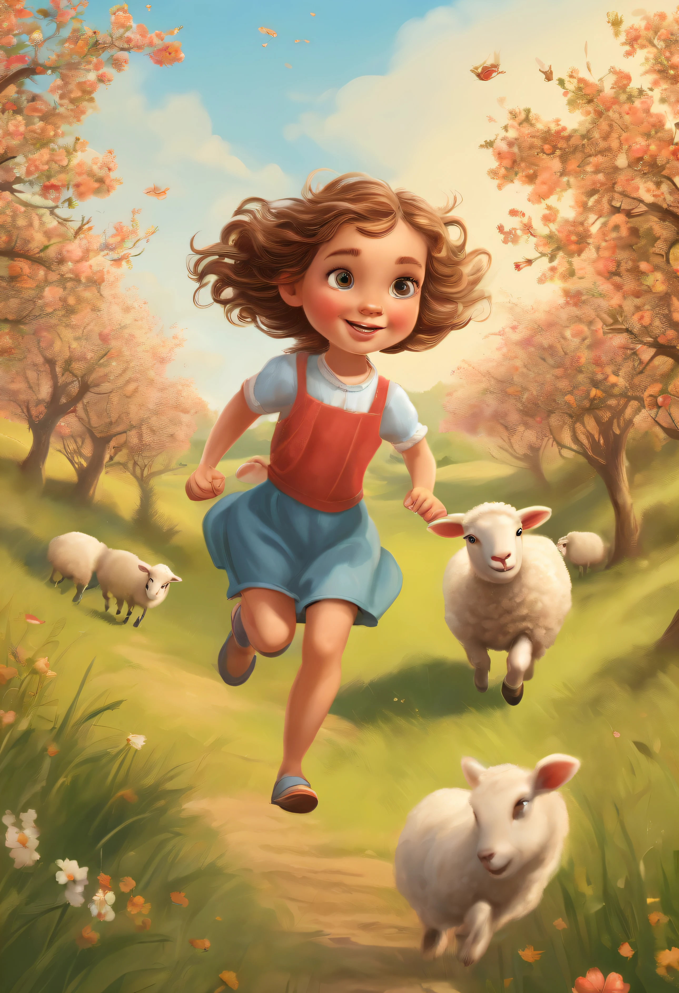 Vary fine and detail drawing Cartoon, Small girl running in a full of grassland, small flowers, some sheep, some apple tree with read apples. 1:5