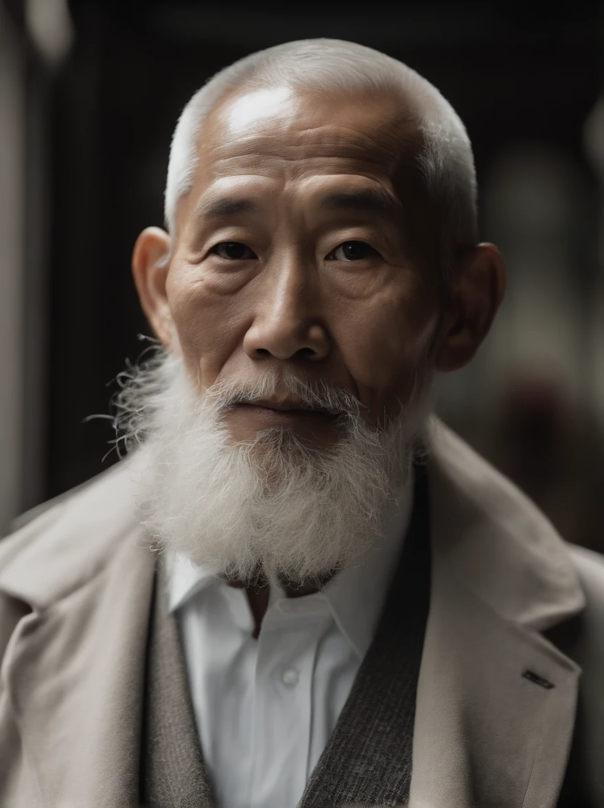 Cinematic portrait , Portrait of a father，Look at the viewer，An elderly Asian man,old man,Single single image，Thin and thin, (80 years:1.1), (shaved pubic hair:1.2), (very short white hair，A little curly:1.5),(Long beard:1.6).Dark coat,Minimalist background, Own composition, detalhe poderoso, Bright light，the soft light。