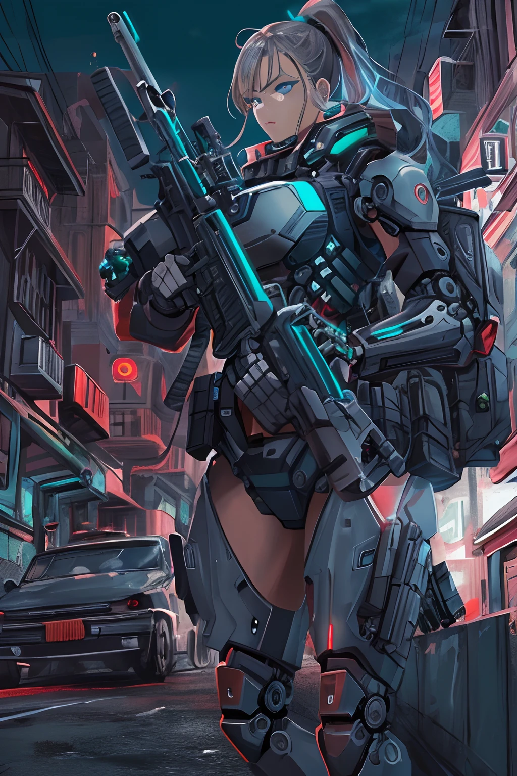 Masterpiece,(best qualtiy),highly  detailed,Ultra-detailed,sci-fy, 1 mechanical female soldier, solo person, crNanosuit, high ponytails,(Blue eyes),(Machine-made joints:1.5), Mechanical limb，huge tit，Wire，Fighting in the street， (Serious expression), (tactical gear:1.2), High contrast, extreme hight detail,highest details,(during night:0.7), (urban surroundings), (Dynamic pose), (glowing neon lights:0.9), (smoke effect:0.6),
